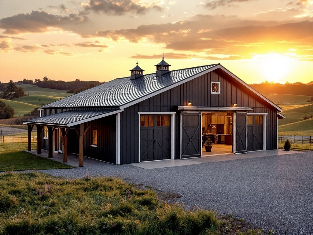Stylish industrial pole barn with a dark gray exterior in a wide open space.